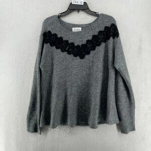 Elle Sweater Womens Sz L Gray Knitted Lace Trim Round Wide Neck Pullover Dolman